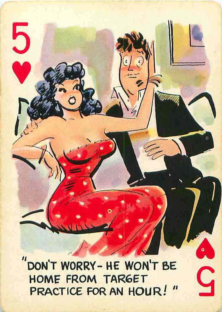 a cartoon playing card featuring a woman talking to a man