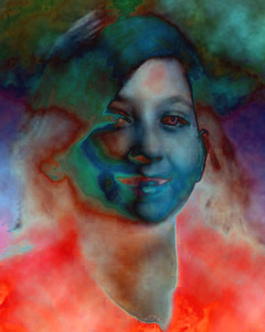 painting of woman in blue, green and red smoke