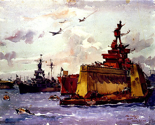 a painting of a huge military vessel in the water