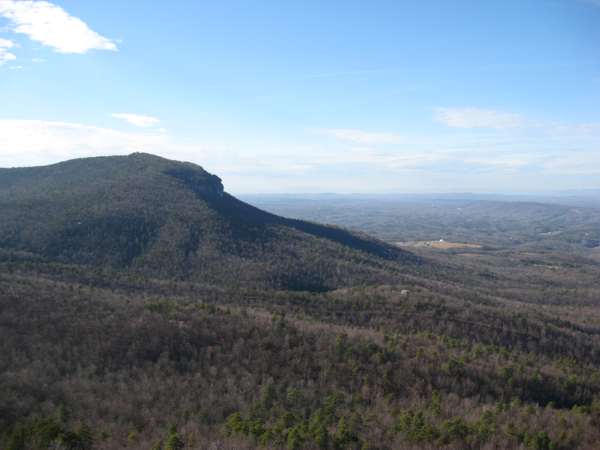 a mountain view with many trees and hills in the distance