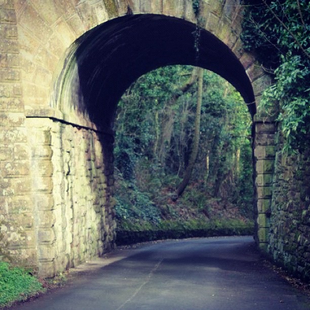 there is a paved road passing under an arch