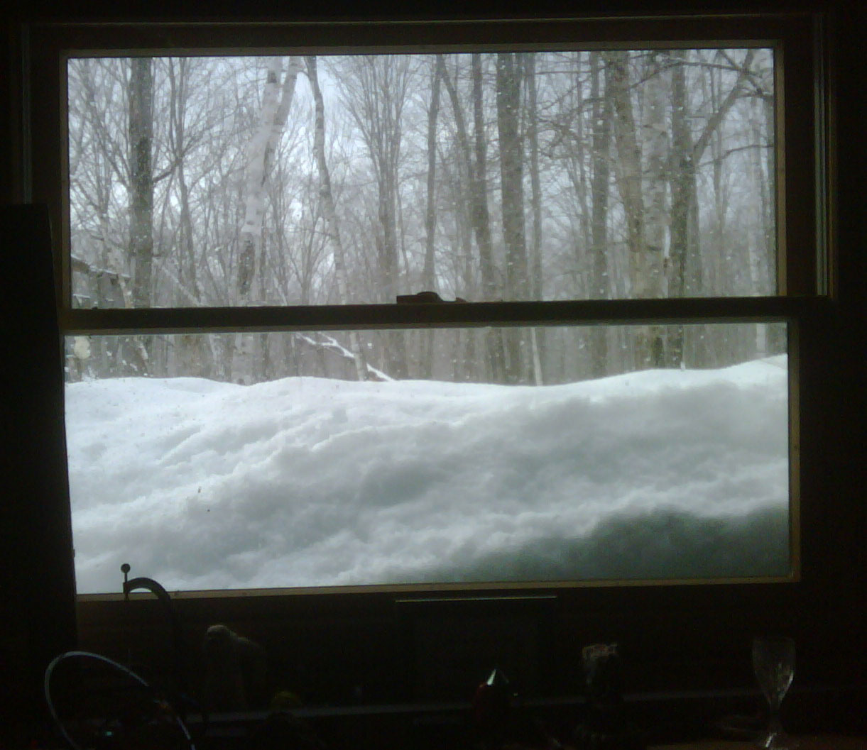 a window on a snowy day with a mountain in the background