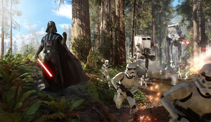 many different troopers in the forest near trees