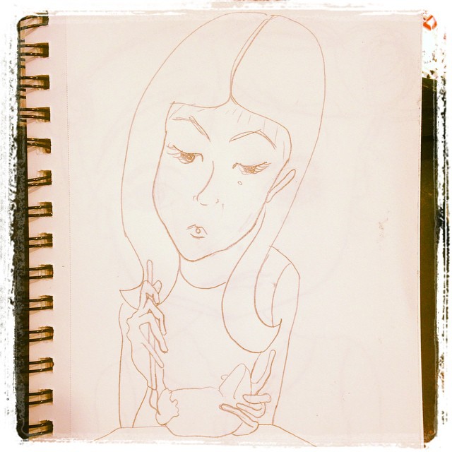 a drawing of a girl in headphones holding a glass