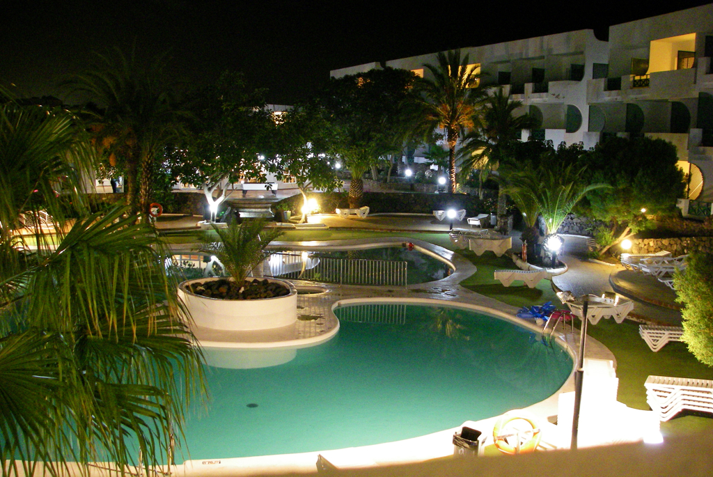 a night time view of an outdoor pool surrounded by greenery