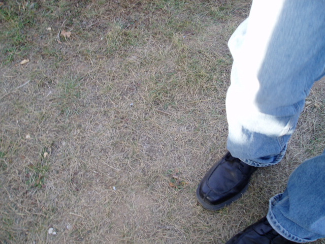 a person standing on a patch of grass with boots