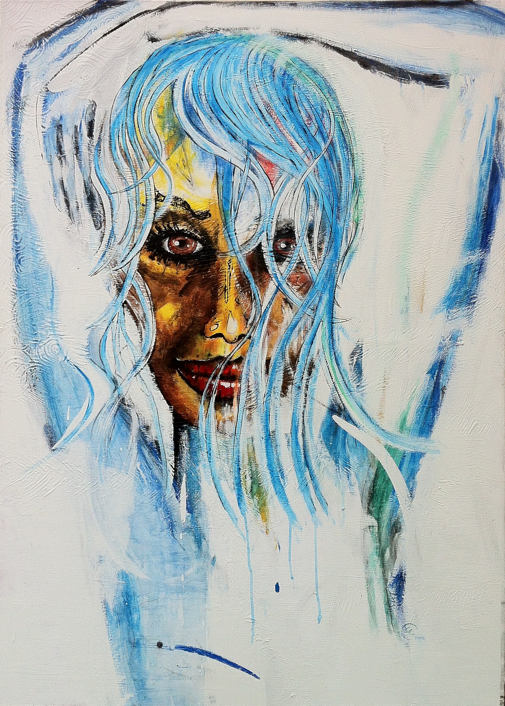a painting of a woman's face with blue hair