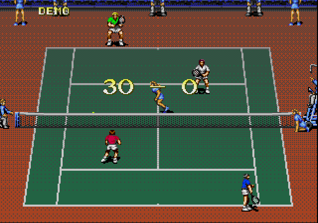 video game tennis players on a court with a 50 written on it