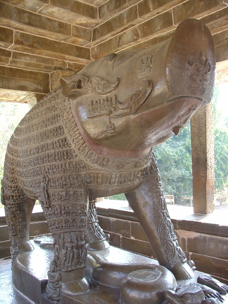 this is an elephant statue in the ruins of a temple