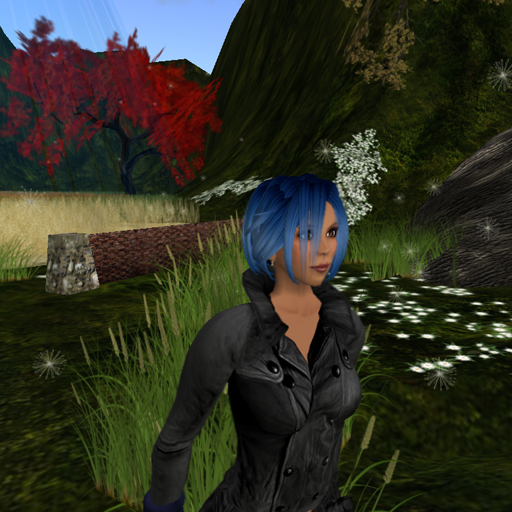 there is a blue haired girl standing in the grass