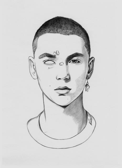 a pencil drawing of a young man with tattoos