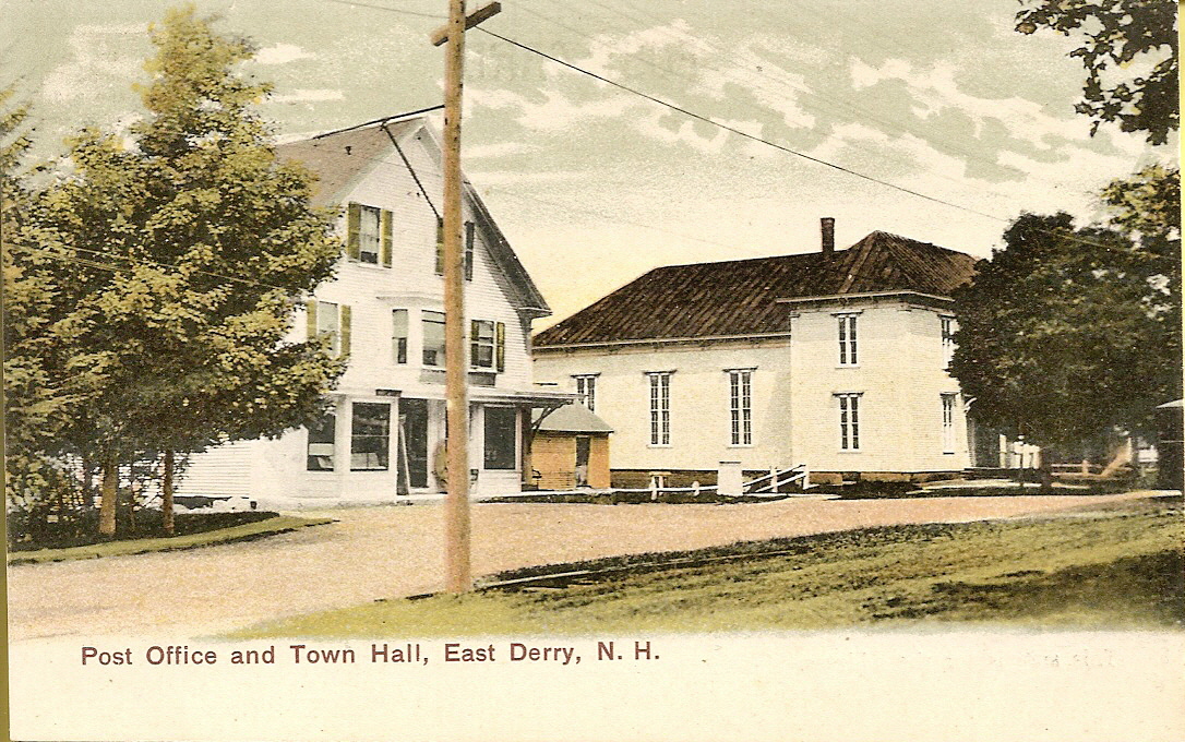 the postcard features an old house and trees in front