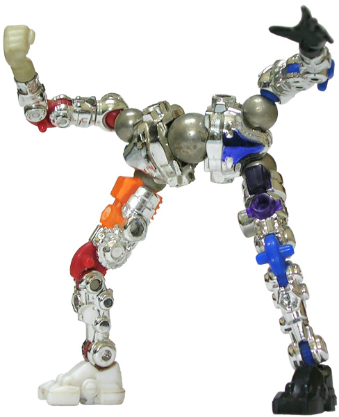 a silver robot that has two legs with some wheels