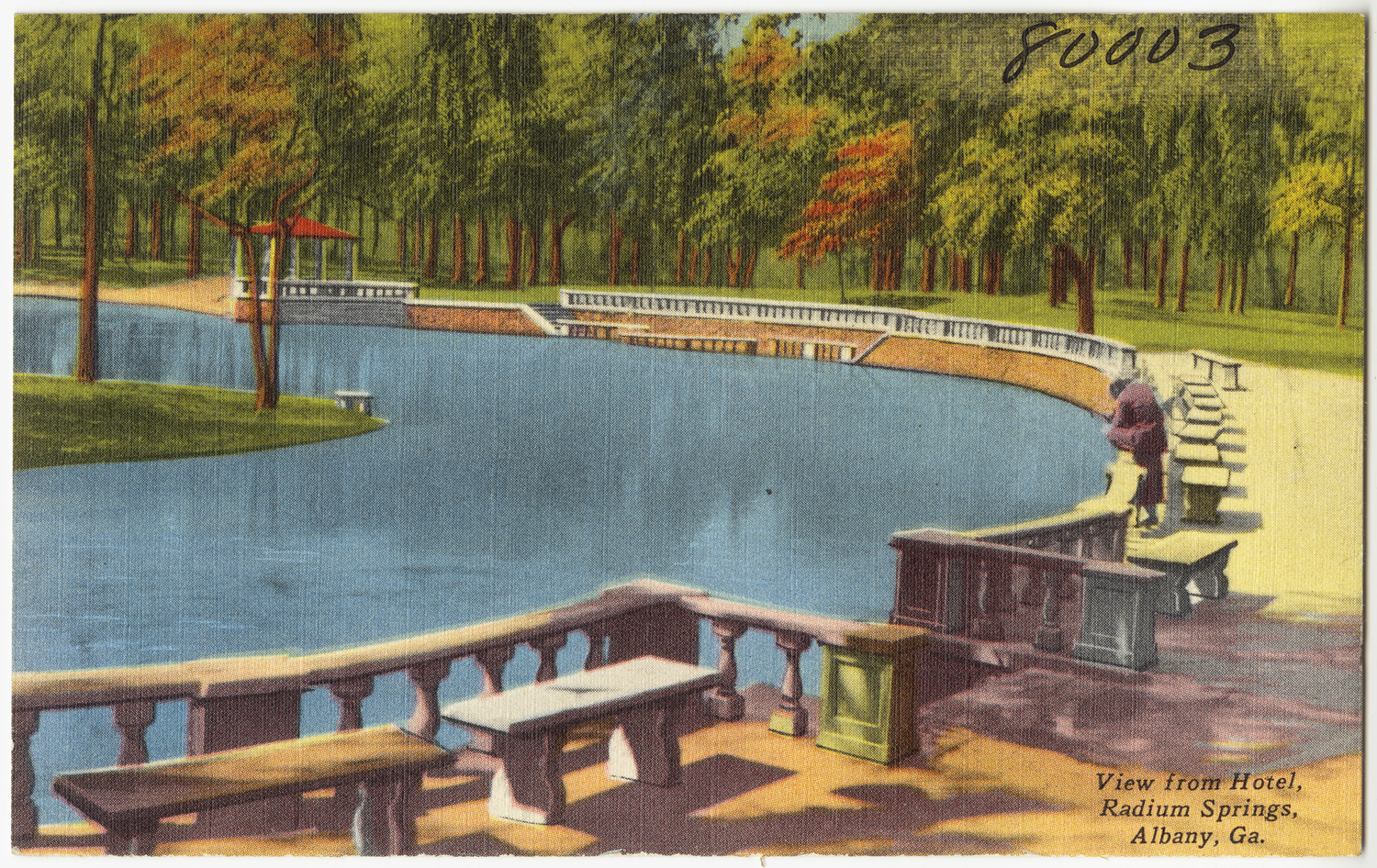 a vintage picture of the pier at a park with people sitting on benches