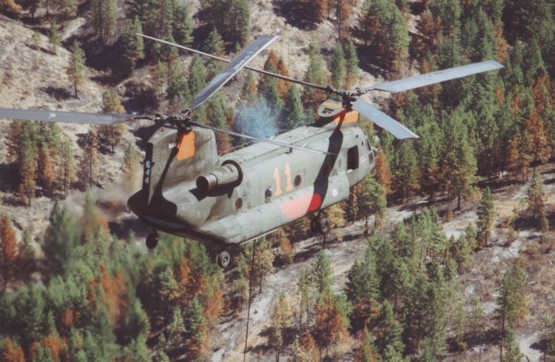 an air helicopter flying over a forest next to trees