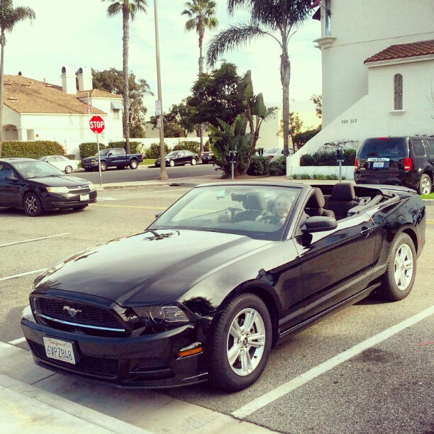 a black mustang convertible parked in front of a parking lot