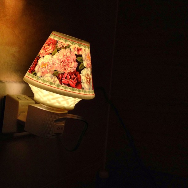 a floral lamp shade lit up on a night light