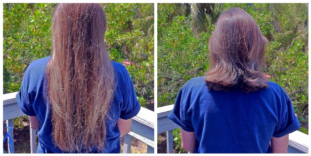 two images show a person with long hair