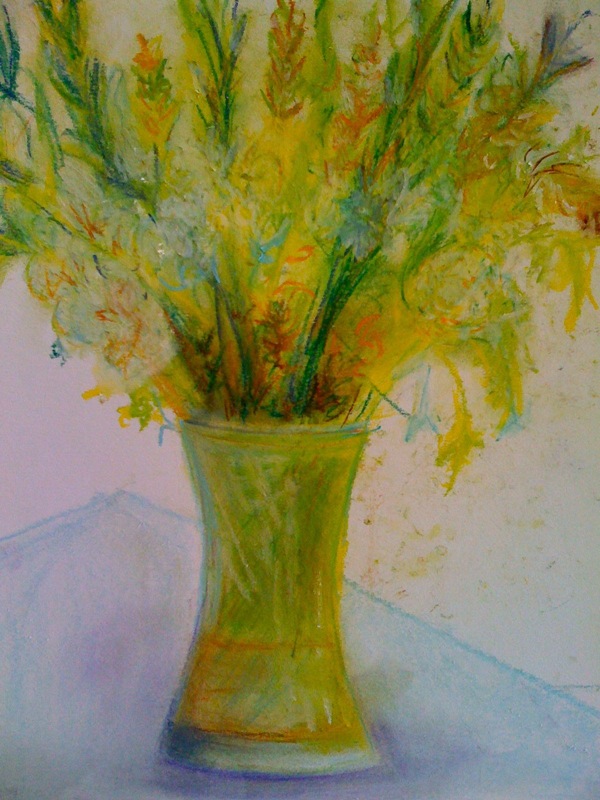 a painting of yellow flowers in a green vase