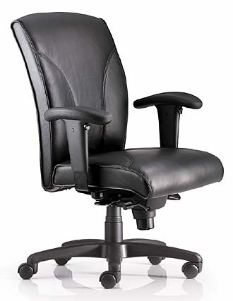 an office chair is shown with black leather upholstered chairs