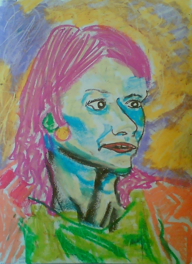 colored drawing of a woman's face with earrings