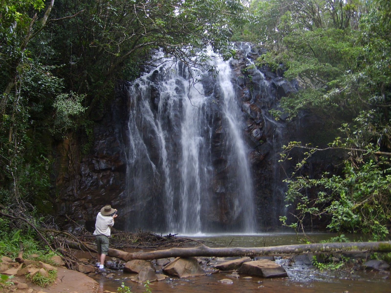 a woman standing on the edge of a waterfall with a tree stump below her