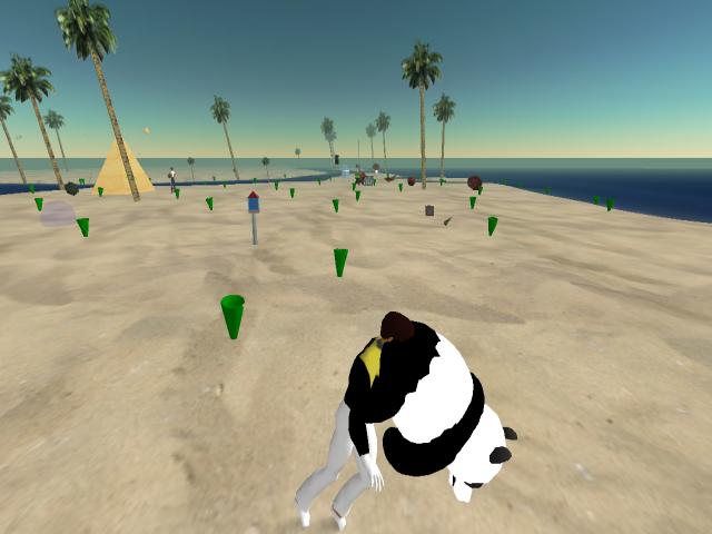 a cartoon dog running across an empty beach with palm trees