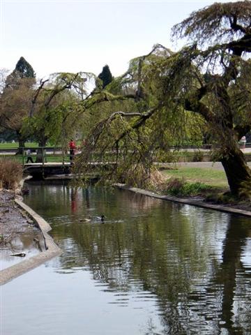 a person walking across a bridge over the river