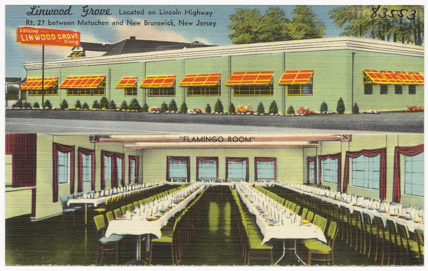 a postcard depicting a restaurant and tables