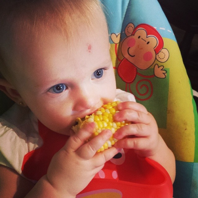a baby holding corn in his hand while wearing a bib