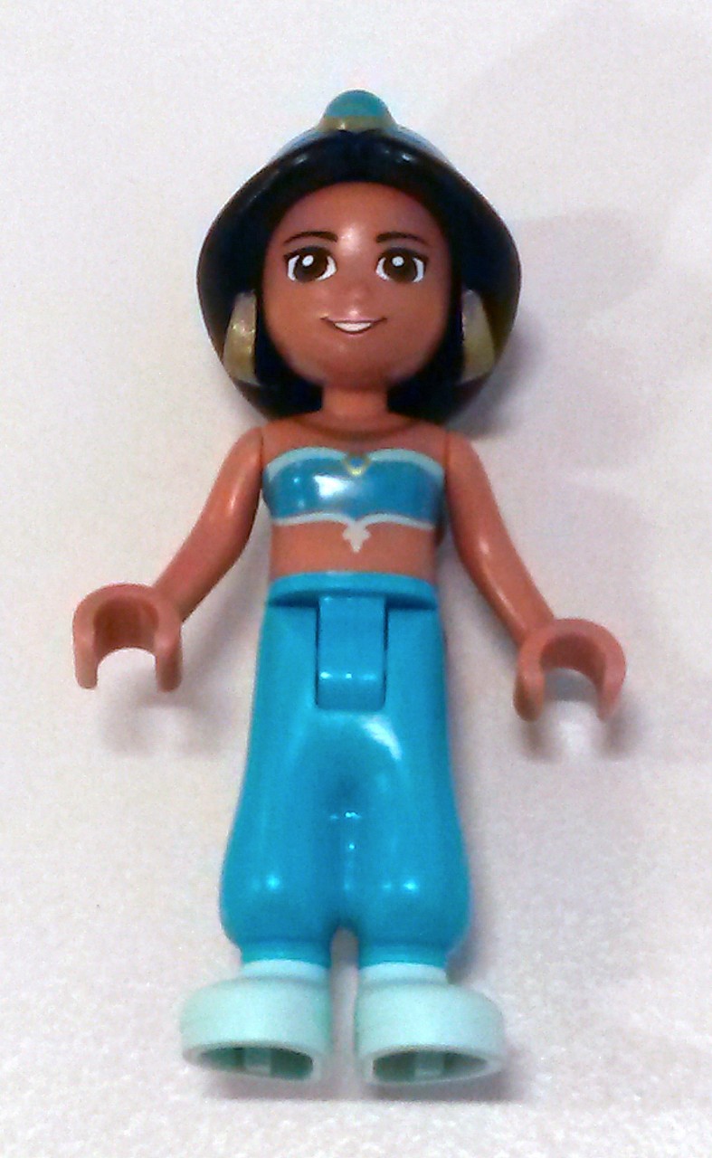 the doll is wearing blue and green clothing