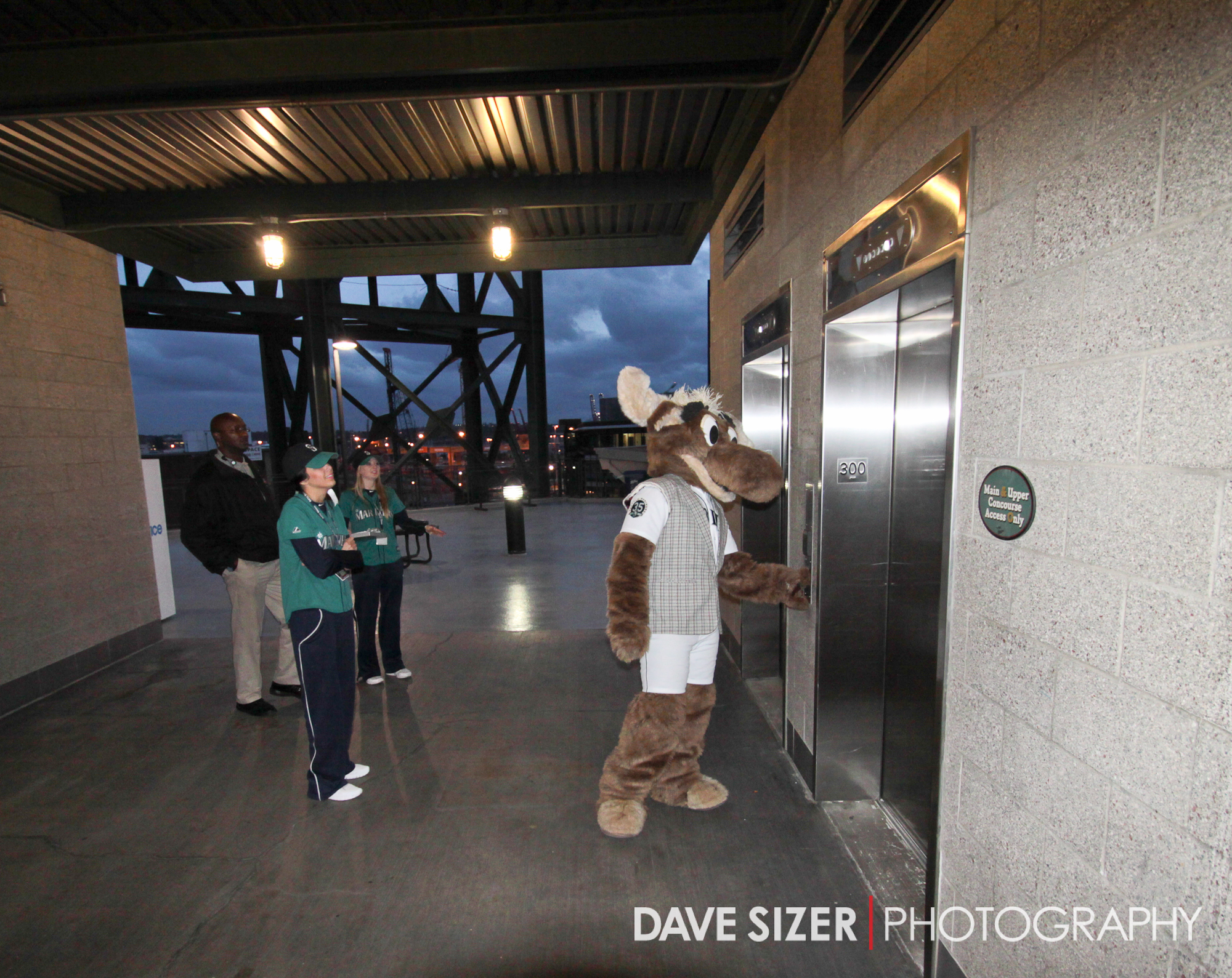 people stand outside in a building while someone dressed as a bear takes a po