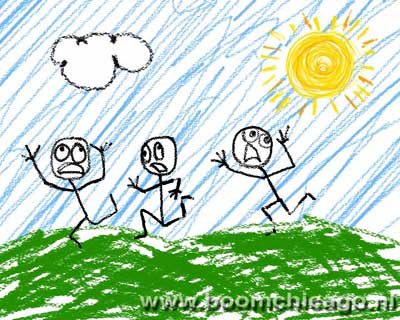 children's drawing of three people in the rain