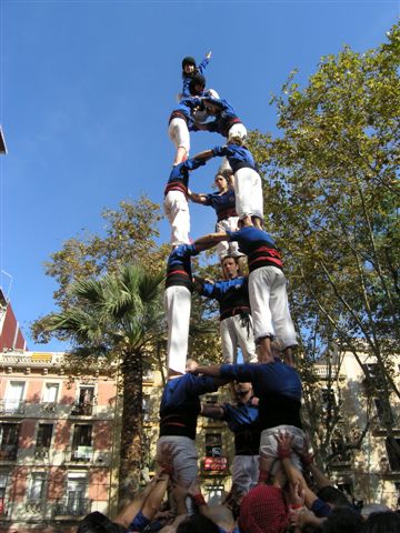 a group of men balancing themselves on a pole