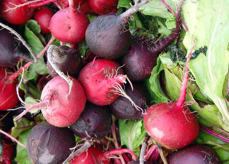 radishes and other vegetable are piled high
