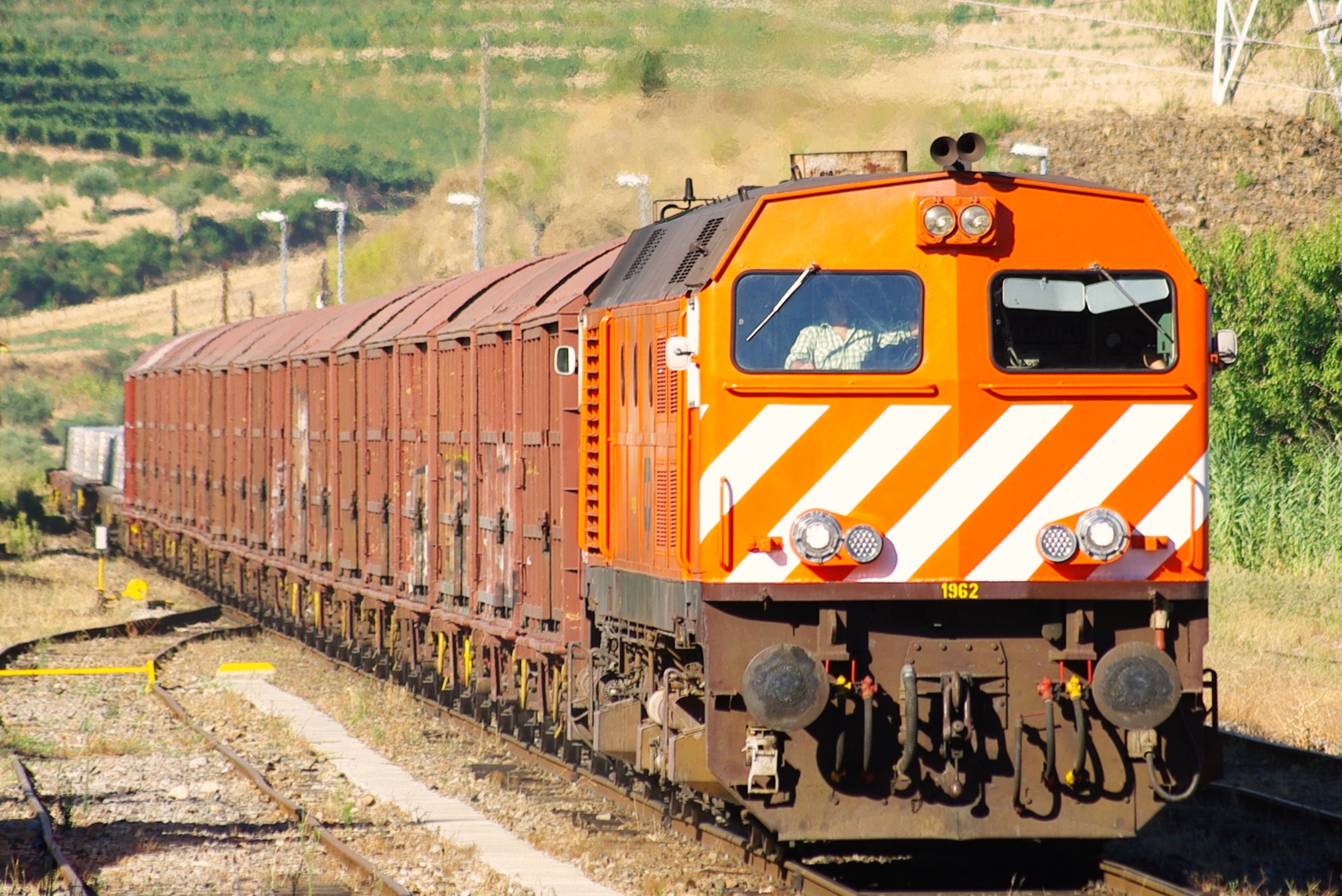 orange and white train on tracks next to grassy hill