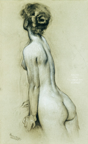 a pencil drawing of a female  back in profile