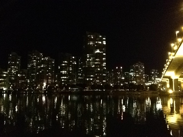 the night lights of the city lit up against a lake