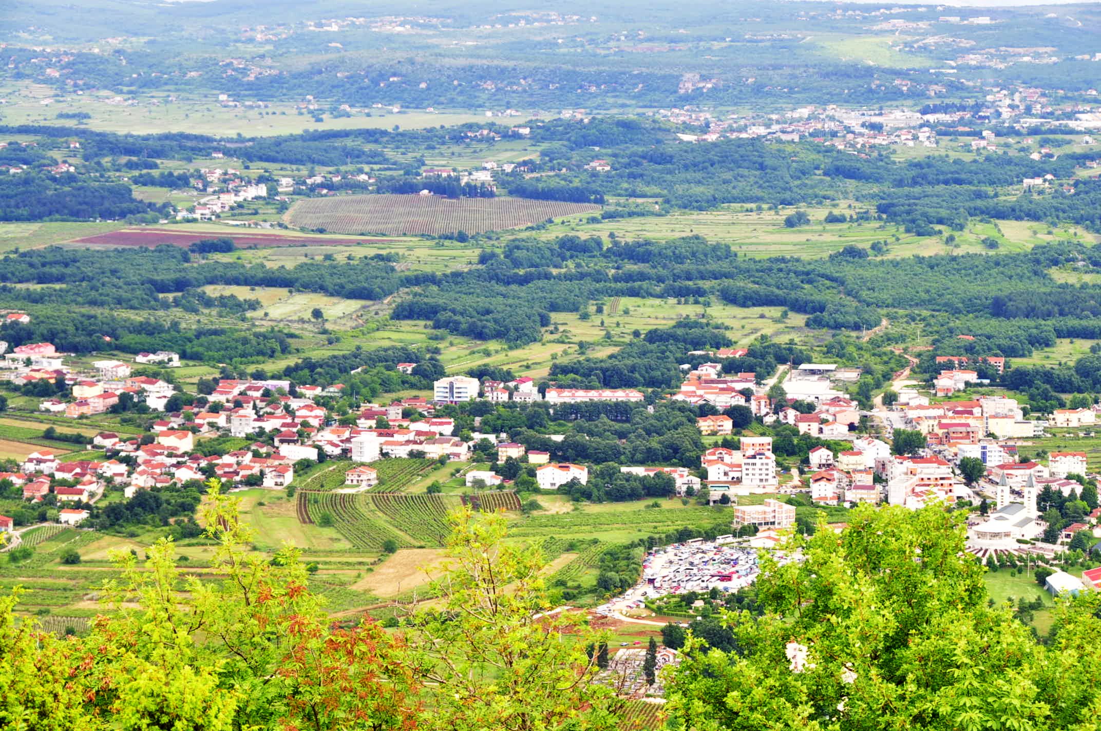 the view from the top of a hill shows a village surrounded by forest