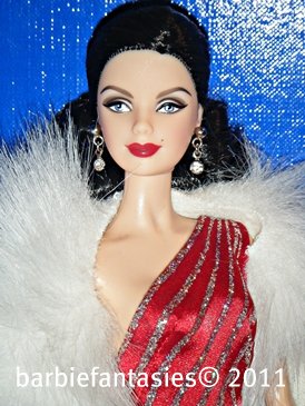 the black and red barbie is wearing a fur collar