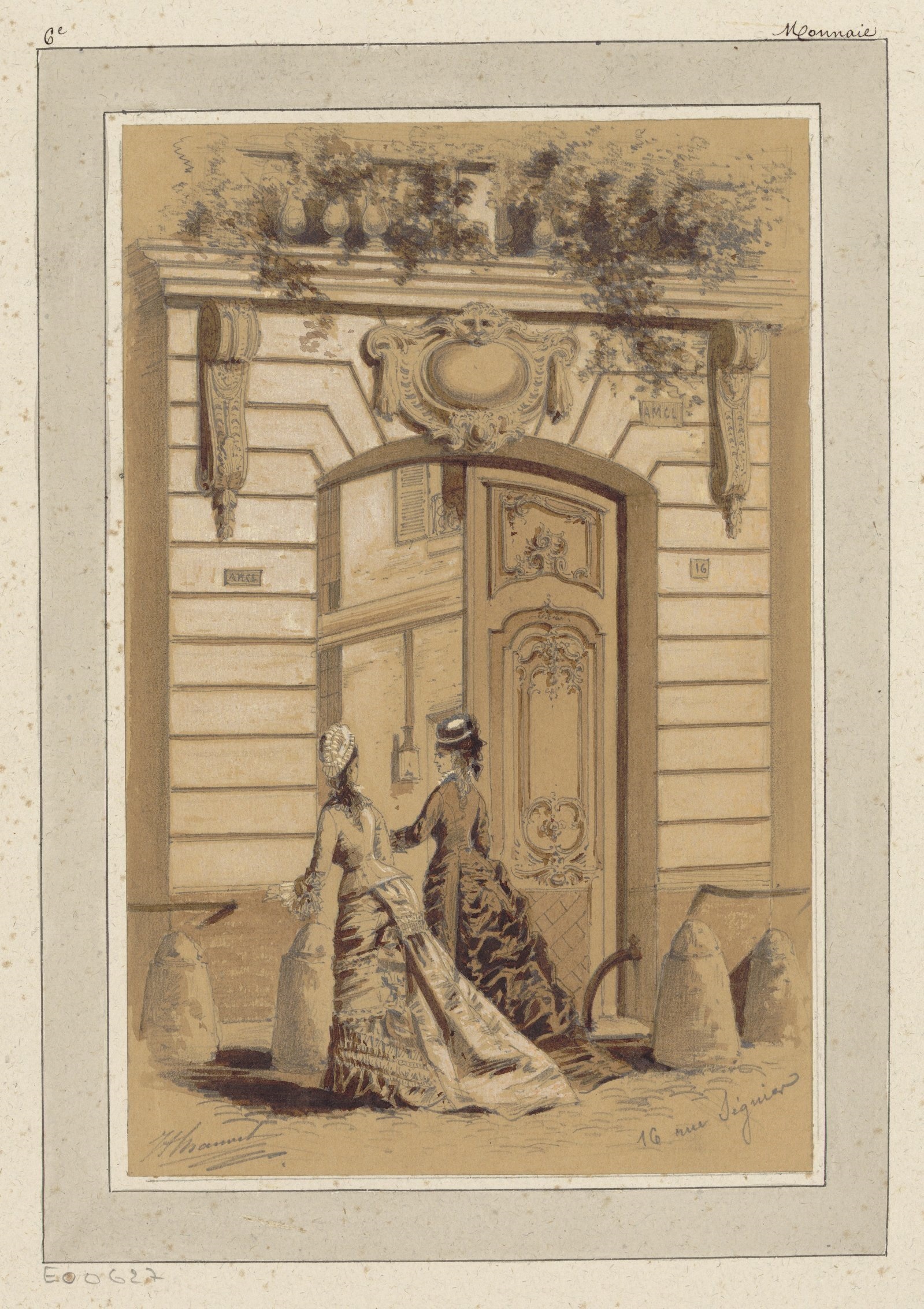 an old fashion painting depicts a lady sitting in a doorway