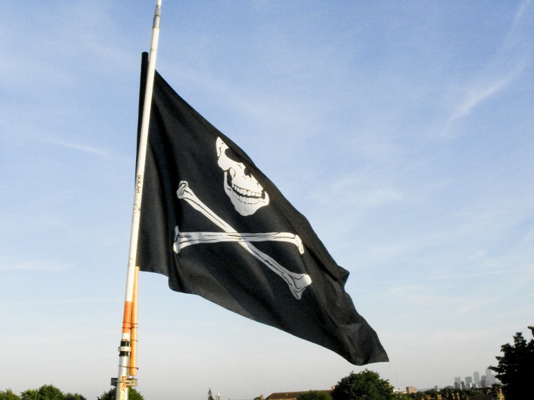 a flag in the wind with two large bones and crosses