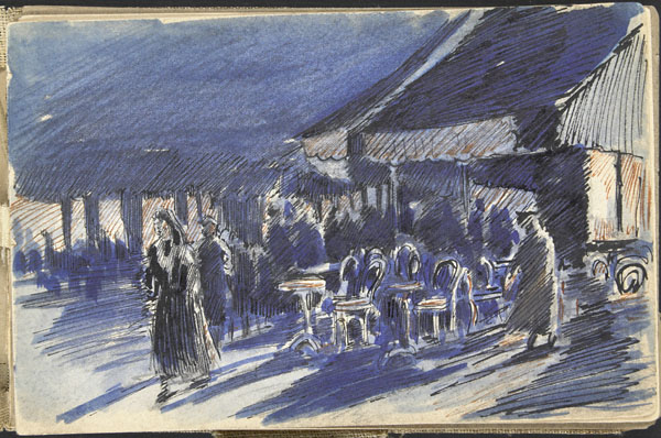 a sketched image of a man with a cane walking towards a covered market