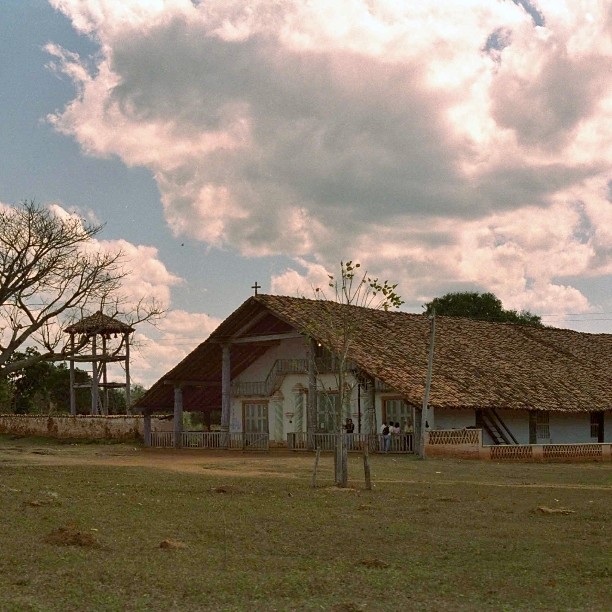 a building with a tall brown roof next to a lush green field
