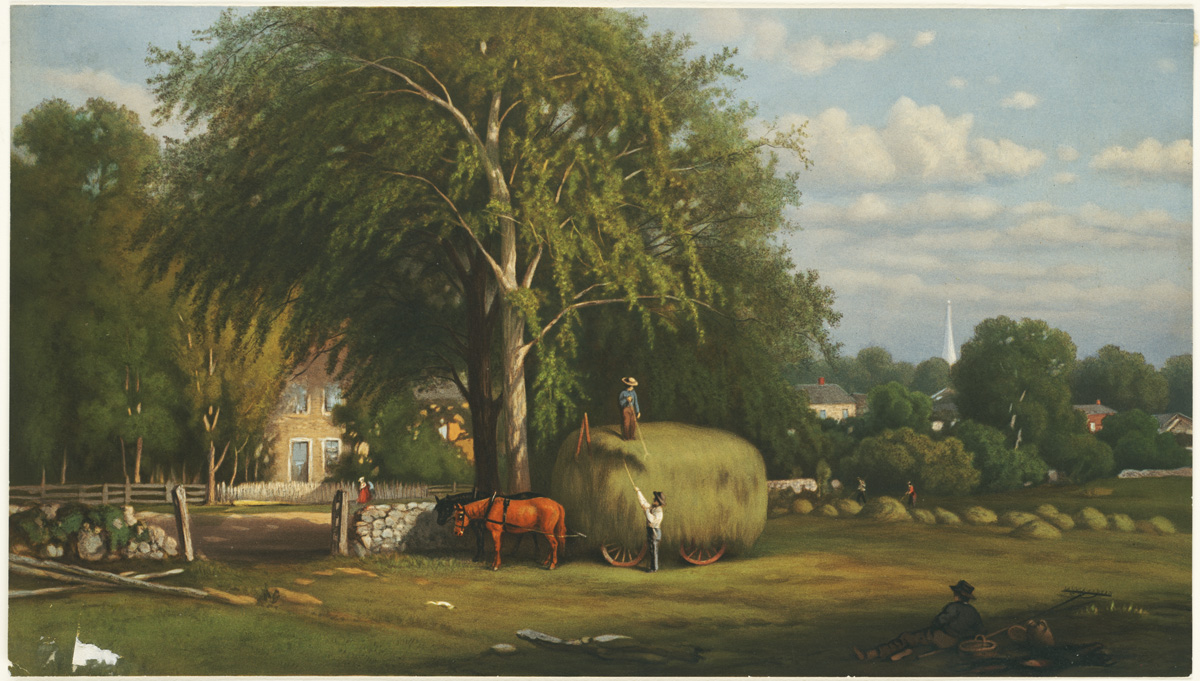 an antique painting of a field with a couple horses and a hay bail