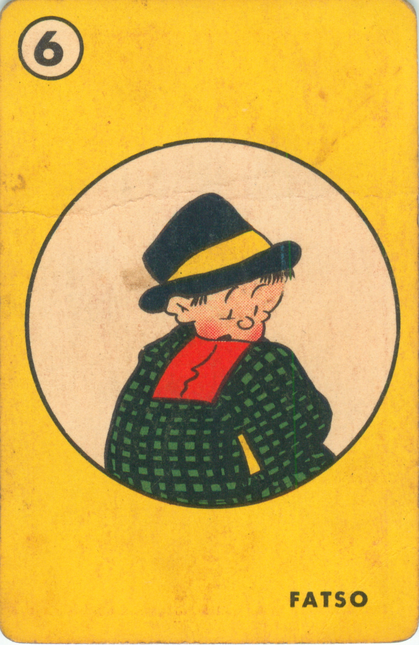 a yellow and green card with an image of a man in a hat