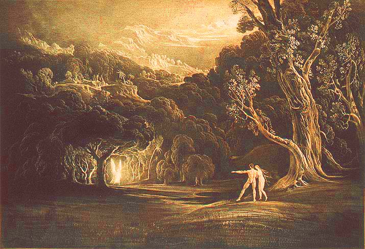 a painting of a man pointing at a wooded landscape