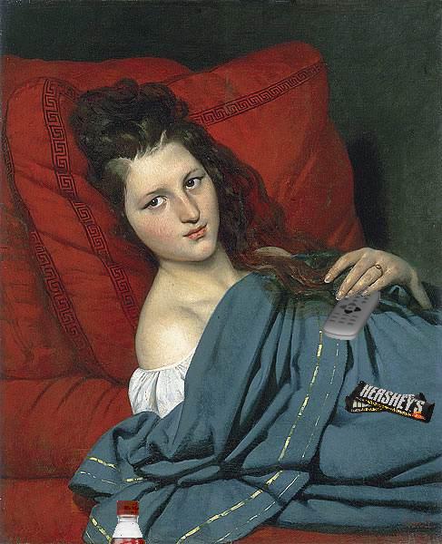 a painting of a young woman with red and white hair wrapped in a blue blanket with an orange bottle in it