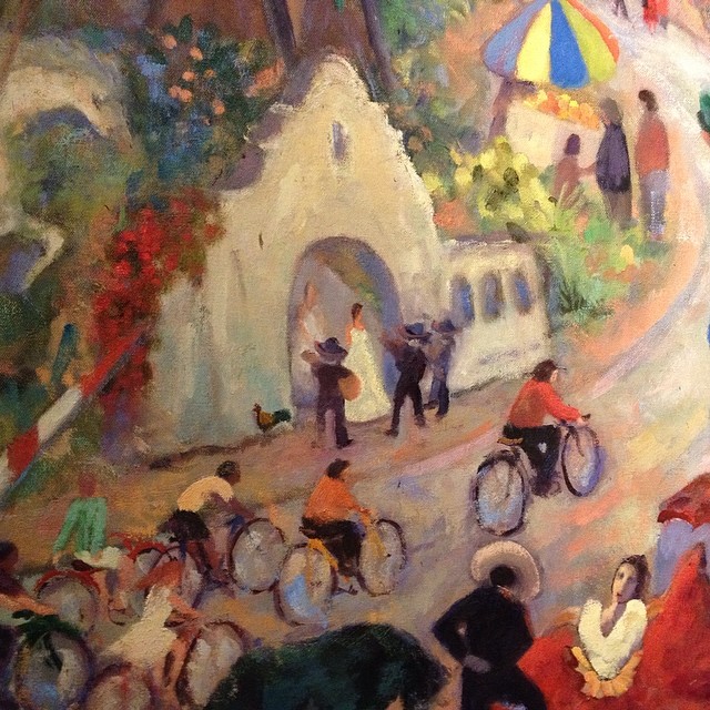 an oil painting of people riding bicycles and a car