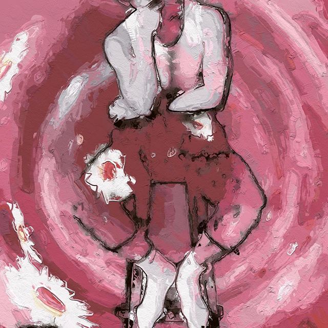 this is a painting of a girl on a pink background